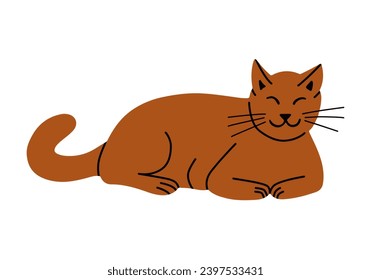 Cute lying down hand drawn brown domestic cat. Vector pet in flat cartoon minimalistic style. Trendy illustration for sticker, decoration. Perfect for kids textile, decoration, poster