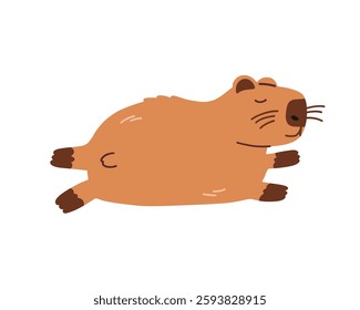 Cute сapybara is lying down isolated on white background. Baby animal capibara character. Funny happy mammal in water nature. Vector flat illustration