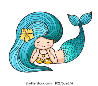 Cute lying dreamy mermaid with blue hair. Vector illustration.