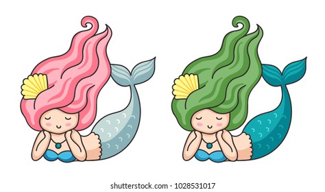 Cute lying dreamy mermaids with long hair. Cartoon characters. Vector illustration.