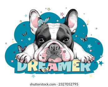 Cute  lying french bulldog with butterflies and stars. Dreamer illustration. Stylish summer picture for printing on any surface