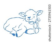 A cute lying goat with a bow. Farm animals, vector outline illustration of an Easter goat. Clipart featuring a farm animal.