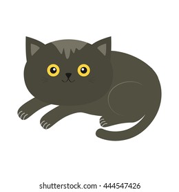 Cute lying gray cartoon cat with moustache whisker and yellow eyes. Funny character. White background. Isolated. Flat design. Vector illustration