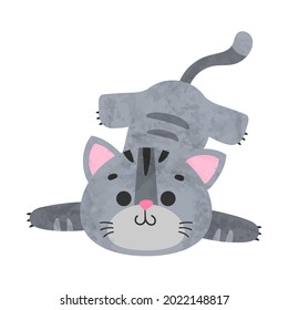 Cute lying gray kitty, kitten, cat with big eyes, black stripes on white background. Vector illustration for postcard, banner, web, decor, design, arts, calendar.