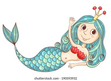 Cute lying mermaid. Vector cartoon sketch illustration. Isolated on white.
