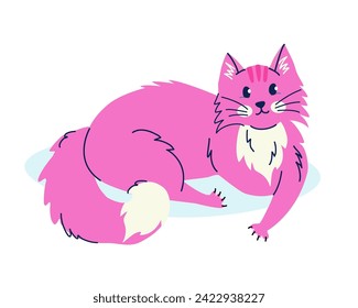 Cute lying pink cat in flat cartoon style. Vector isolated hand drawn illustration for sticker, banner, poster, postcard