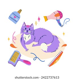 Cute lying purple cat in flat cartoon style. Set of equipment and cosmetics for pet grooming. Vector isolated illustration for sticker, banner, poster, postcard