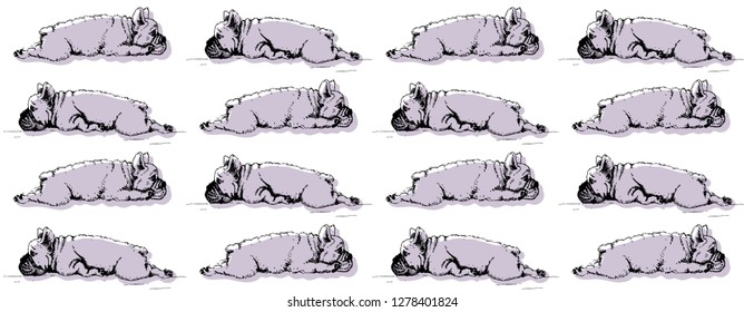 Cute lying sleeping frenchie dog, french bulldog repeating seamless pattern, vector, hand drawn sketches, grey, purple on white background