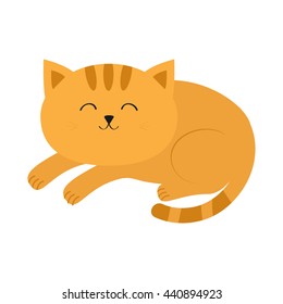 Cute lying sleeping orange cat with moustache whisker. Funny cartoon character. White background. Isolated. Flat design. Vector illustration