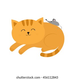 Cute lying sleeping orange cat with moustache whisker. Little mouse. Animal friends. Funny cartoon character couple. White background. Isolated. Flat design. Vector illustration