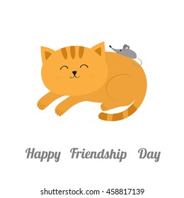 Cute lying sleeping orange cat with moustache whisker. Little mouse. Animal friends. Funny cartoon character couple. White background. Isolated. Flat design. Vector illustration