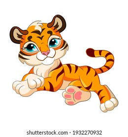 Cute lying tiger. Cartoon character. Vector isolated colorful illustration. For print and design, posters, nursery design, cards, stickers, room decor, party, t-shirt, kids apparel and invitation