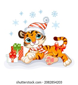 Cute lying tiger in a Christmas hat with gifts and snowflakes. Cartoon tiger character. Vector cartoon isolated illustration. For postcard, posters, design, greeting card, stickers, decor,kids apparel