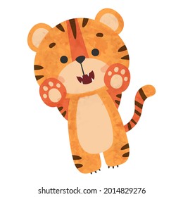 Cute lying tiger, tiger cub with brown stripes, symbol of new 2022 year on white background. Vector illustration for postcard, banner, web, decor, design, arts, calendar.