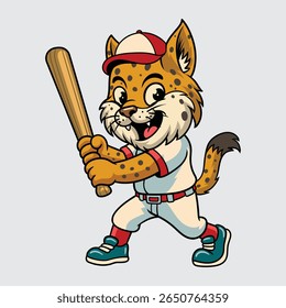Cute Lynx baseball player smiling confidently while holding a bat in cartoon illustration