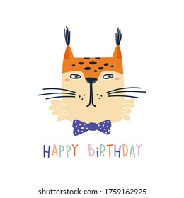 Linx lindo en corbata azul oscuro aislado en fondo blanco. Ilustración vectorial de dibujos animados para afiches, tarjetas, diseño de camisetas, pegatinas, invitaciones.