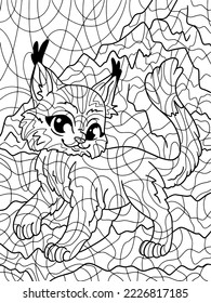 Cute lynx kitten. Freehand sketch for adult antistress coloring page with doodle and zentangle elements.