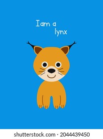 Cute lynx on a colored background in cartoon children's style. Vector illustration with cute forest animal. Can be used for printing on T-shirts, children's clothing, fashion designs.