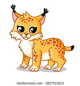 Cute lynx on a white background in cartoon childish style. Vector illustration with cute forest animal.