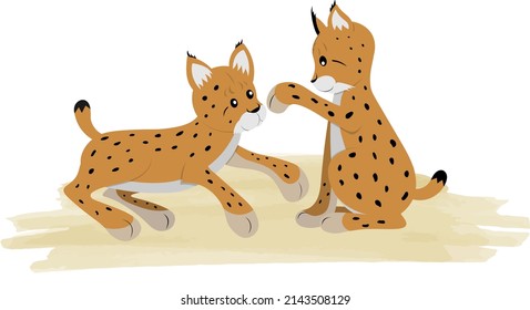 Cute lynx pups playing on a white background in cartoon childish style. Vector illustration with cute forest animals for kids.