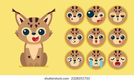 Cute lynx, Reihe von Tieremotionen, winziger Lynx mit Emoji-Kollokation, Schlafen, Weinen, traurig, gelangweilt, glücklich, aufgeregt, liebenswert, überrascht, unvorsichtig, selbstbewusst, erschreckt, betäubt, flat Vector avatar