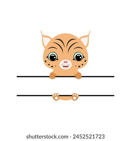 Cute lynx split monogram. Funny cartoon character for shirt, scrapbooking, greeting cards, baby shower, invitation. Bright colored childish stock vector illustration