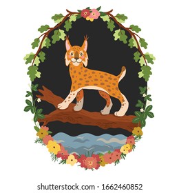 Cute lynx walking on a log. Beautiful print with with oak branches and flowers on a dark background. Vector Oval book illustration for children isolated on a white 