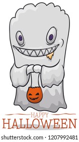 Cute and macabre ghost floating with fierce smile ready for candy recollection with its basket with pumpkin face during Halloween.