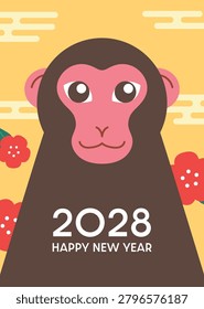 Cute macaque monkey portrait on floral background. New Year of the Monkey 2028 vertical greetings card template.
