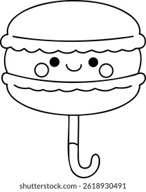 A Cute macaron character with smiling face and umbrella handle, perfect for playful designs