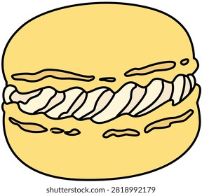 A cute macaron icon with a soft yellow fill, cream filling, and clean dark outlines. A simple French pastry graphic with a warm, minimal appearance.