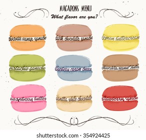 Cute macaron menu. Vector set of different taste macaroons