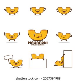 cute macaroni cartoon mascot. pasta vector illustration, with happy facial expressions and different poses, isolated on a white background