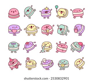 Carácter lindo de los macarrones. Amistoso postre de dibujos animados. Estilo dibujado a mano. Dibujo de Vector. Colección de Elementos de diseño.