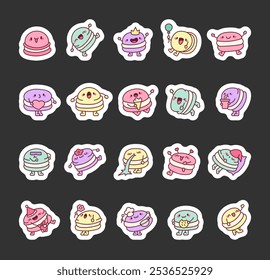 Carácter lindo de los macarrones. Marcador de pegatinas. Amistoso postre de dibujos animados. Estilo dibujado a mano. Dibujo de Vector. Colección de Elementos de diseño.