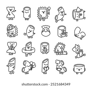 Cute macaroni characters. Coloring Page. Cartoon pasta product. Hand drawn style. Vector drawing. Collection of design elements.