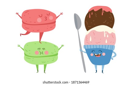Cute macarons and ice cream character cartoon illustration hand draw design.