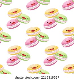 Cute macarons seamless pattern. Vector illustration. Food icon concept. Flat cartoon style.	