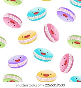Cute macarons seamless pattern. Vector illustration. Food icon concept. Flat cartoon style.	