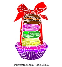 Cute macaroon with doodles and red ribbon. Vector food image.