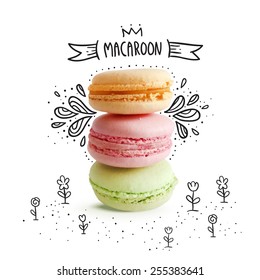 Cute Macaroon With Doodles.  Vector Food Image