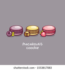 Cute macaroons with blueberry, caramel and strawberry flavor. Traditional french dessert vector illustration. Logo template and menu design.