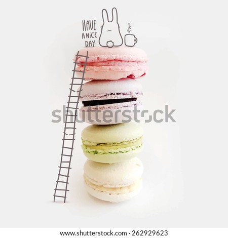 cute macaroons and funny bunny with coffee mug