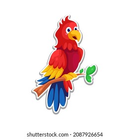 cute macaw bird perched on a tree branch cartoon illustration