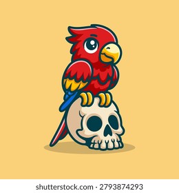 Cute Macaw Bird With Skull Cartoon Vector Art, Illustration and Graphic