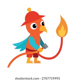 um fofo bombeiro de arara usando uma laranja