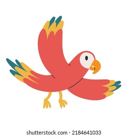 Cute macaw parrot character, red and blue jungle bird with red wings, funny flying tropical animal, vector clipart isolated on white background