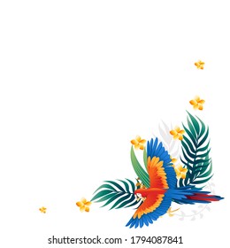 Cute Macaw parrot sit with green leaves and red flower head cartoon animal design flat vector illustration isolated on white background