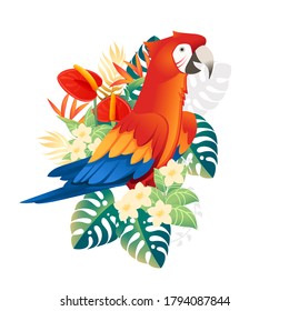 Plantón de loro de Macaw con hojas verdes y caricatura de cabeza de flor roja diseño animal ilustración vectorial plana aislada en fondo blanco