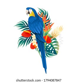 Cute Macaw parrot sit with green leaves and red flower head cartoon animal design flat vector illustration isolated on white background